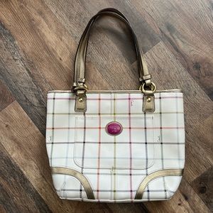 coach Peyton Tattersall Plaid purse cream Hot Pink Interior Handbag Tote Leather